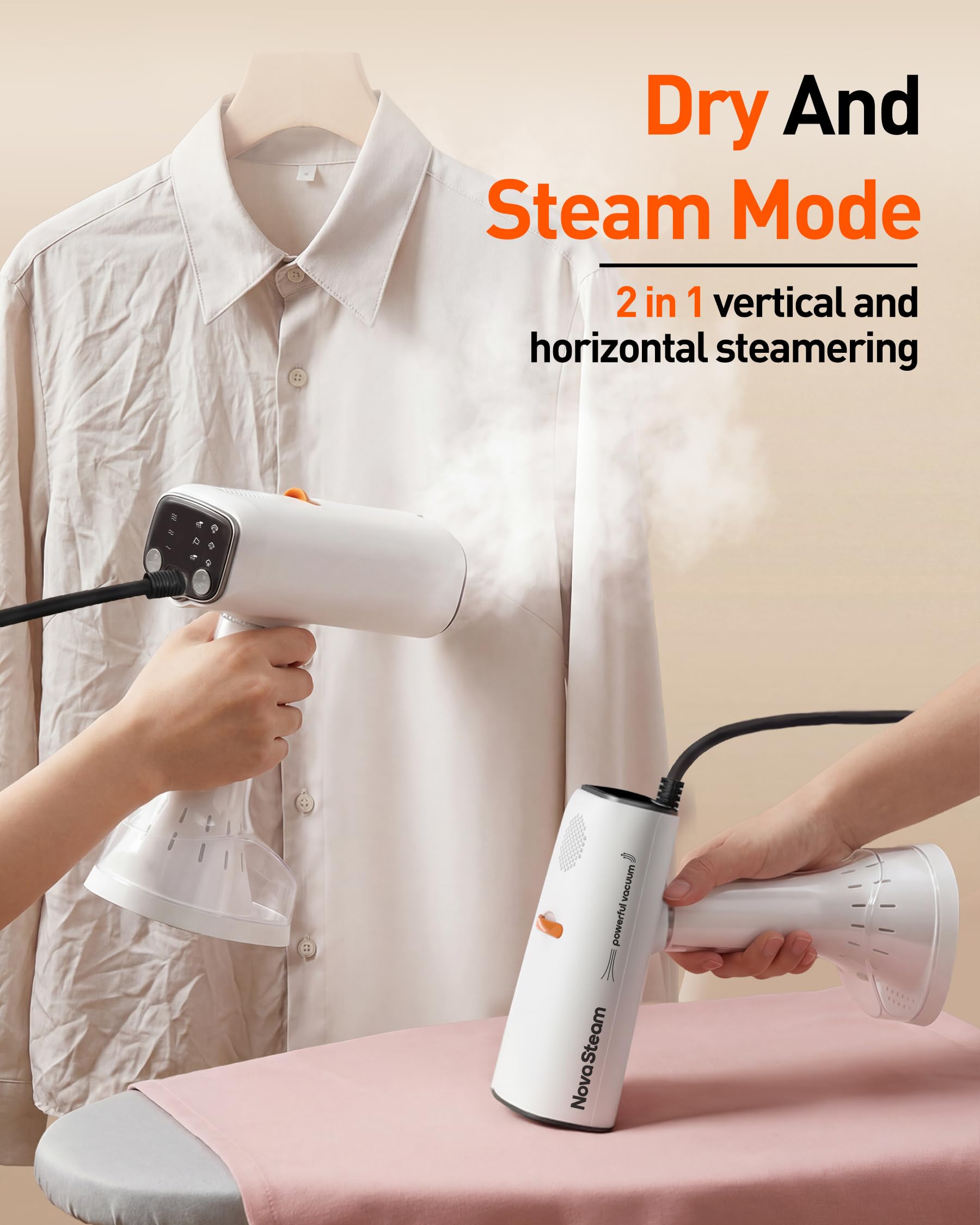 NovaSteam 2-in-1 setup for horizontal ironing and vertical steaming versatility