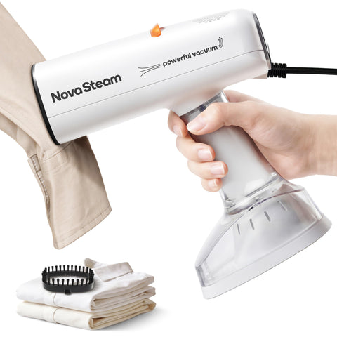 NovaSteam compact travel-size vacuum steamer ready for on-the-go wrinkle removal