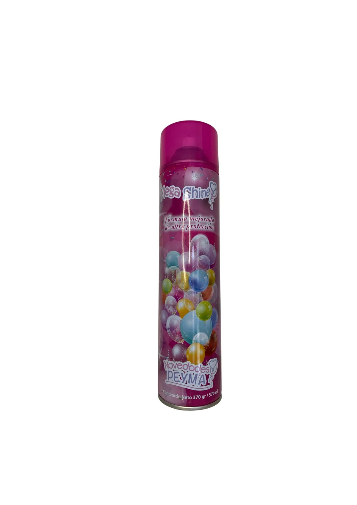 Novedades Peyma Mega Shine spray bottle applying a glossy finish to balloons.