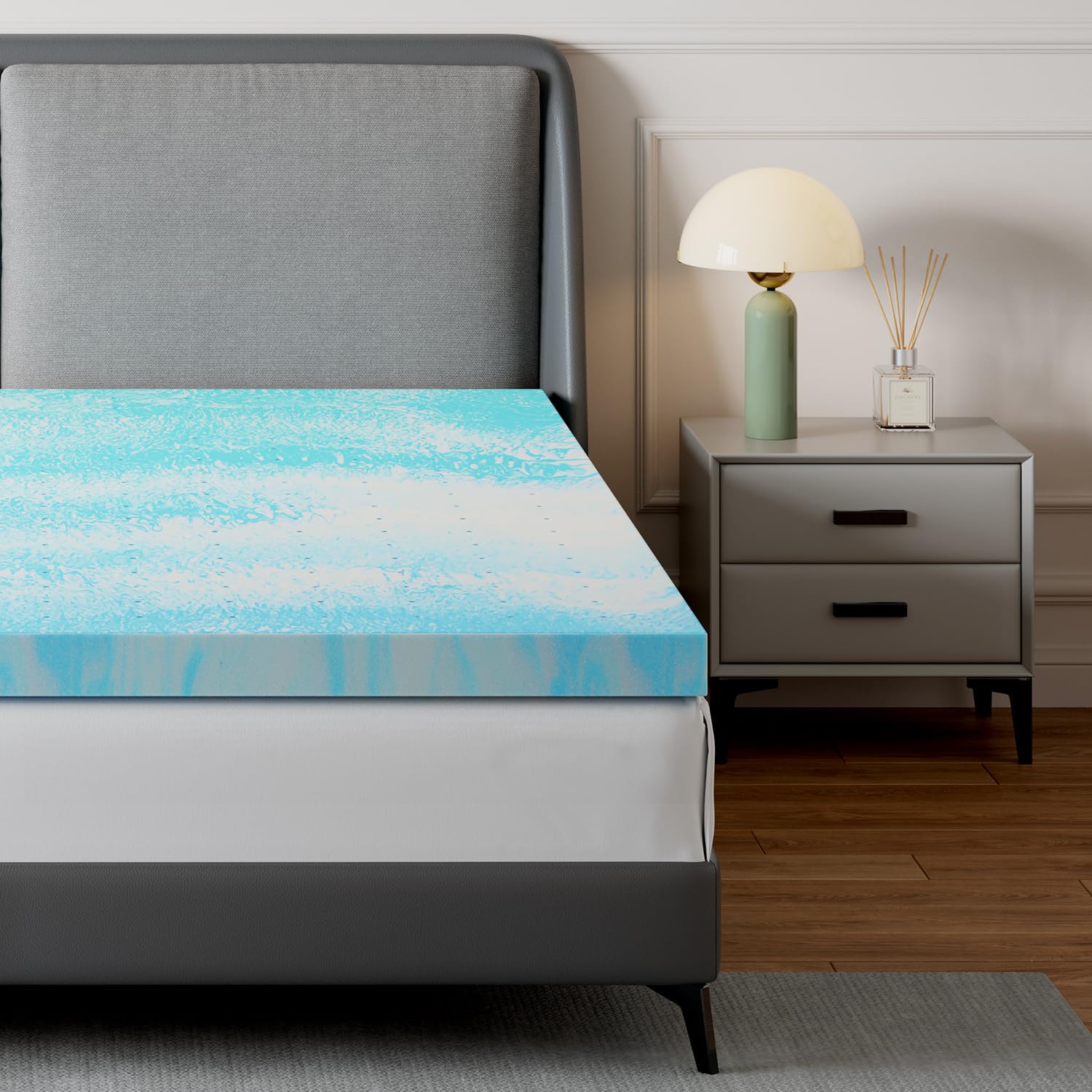 Novilla 3-inch twin mattress topper unrolled on bed shows plush support