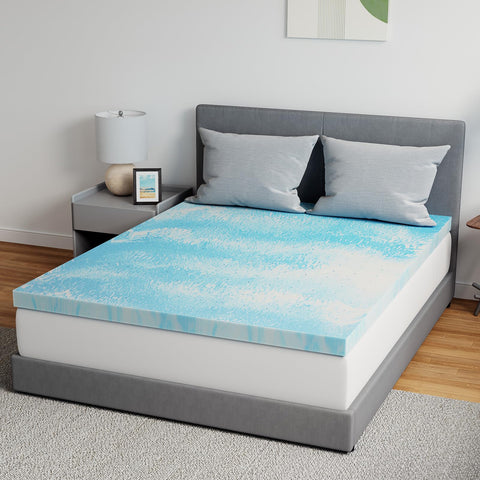 Novilla memory foam topper on a bed delivers balanced support for hips and spine.