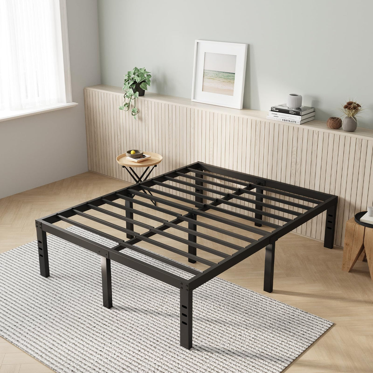 Novilla queen bed frame 14-inch height offers easy access under the bed for storage and cleaning.