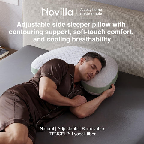 Novilla Tencel side sleeper pillow adjustable memory foam for customizable height and feel.