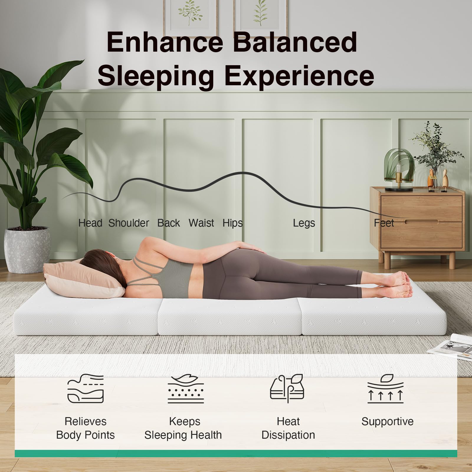 Novilla tri-fold mattress with 4-inch foam shown open for contour comfort