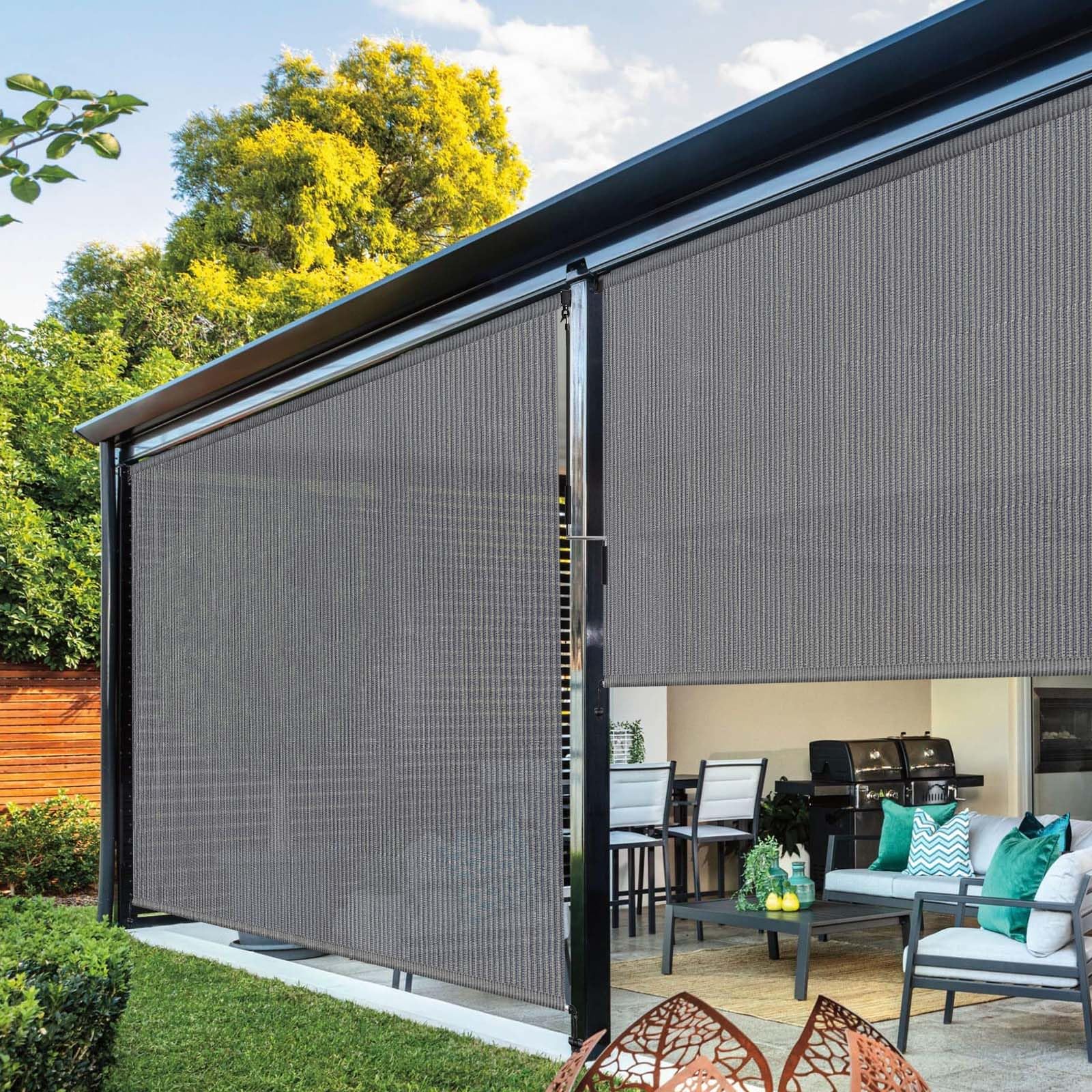 NOVINO shade bottom roller and aluminum hardware highlight rugged construction.