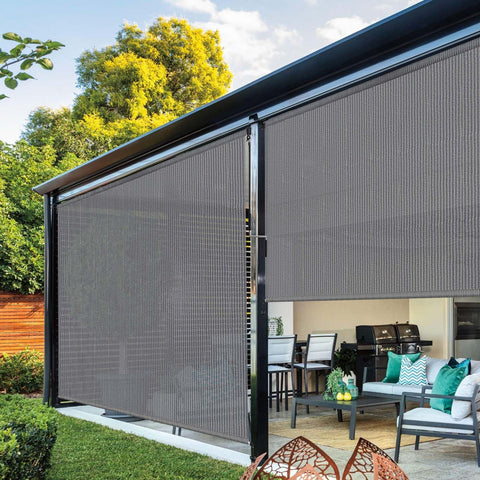 NOVINO shade bottom roller and aluminum hardware highlight rugged construction.