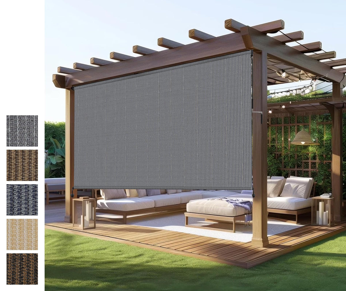 NOVINO outdoor roller shade folded for privacy and shade on a porch.