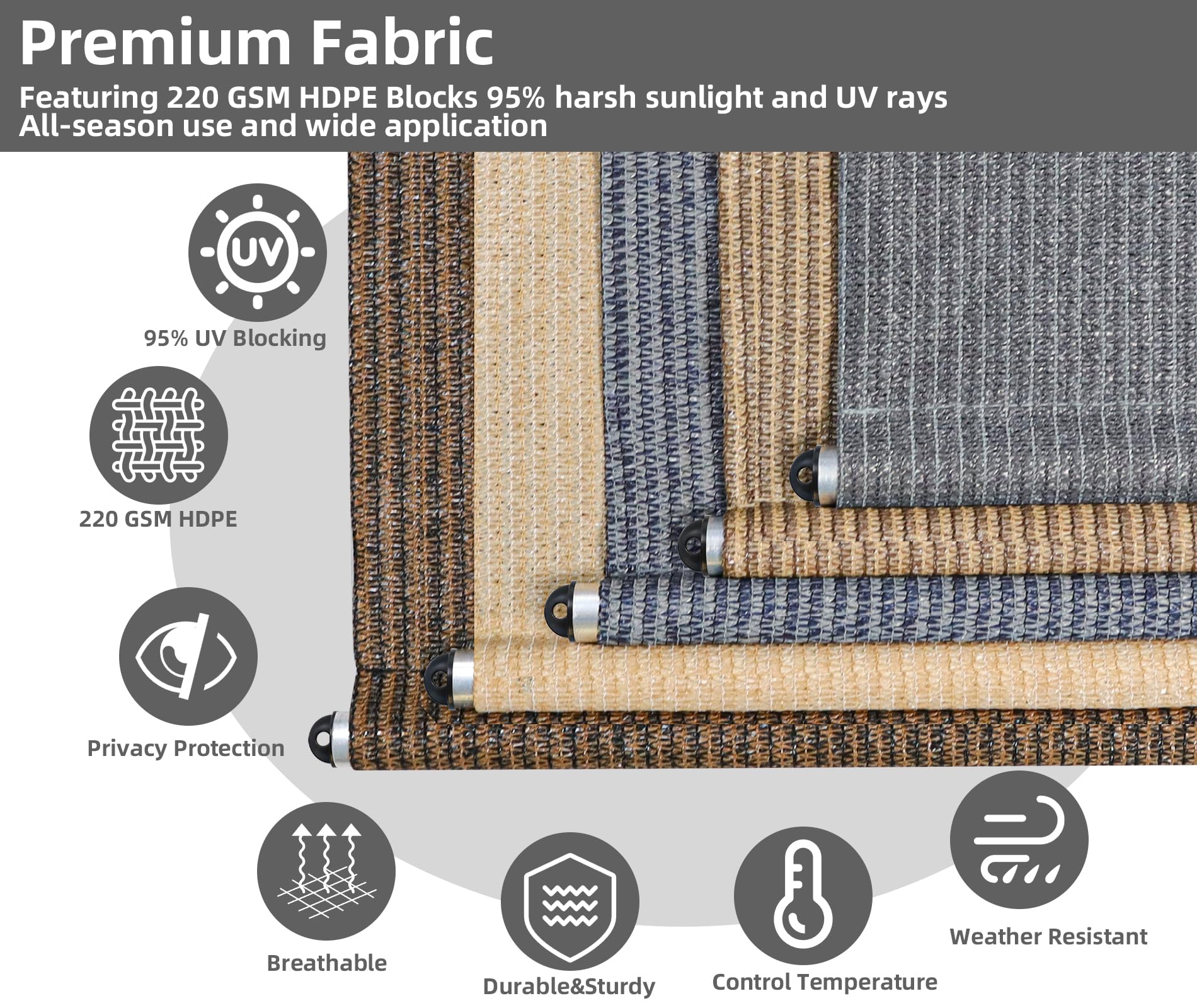 NOVINO outdoor roller shade rolled up on a patio showing sun protection.