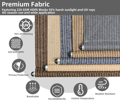 NOVINO outdoor roller shade rolled up on a patio showing sun protection.