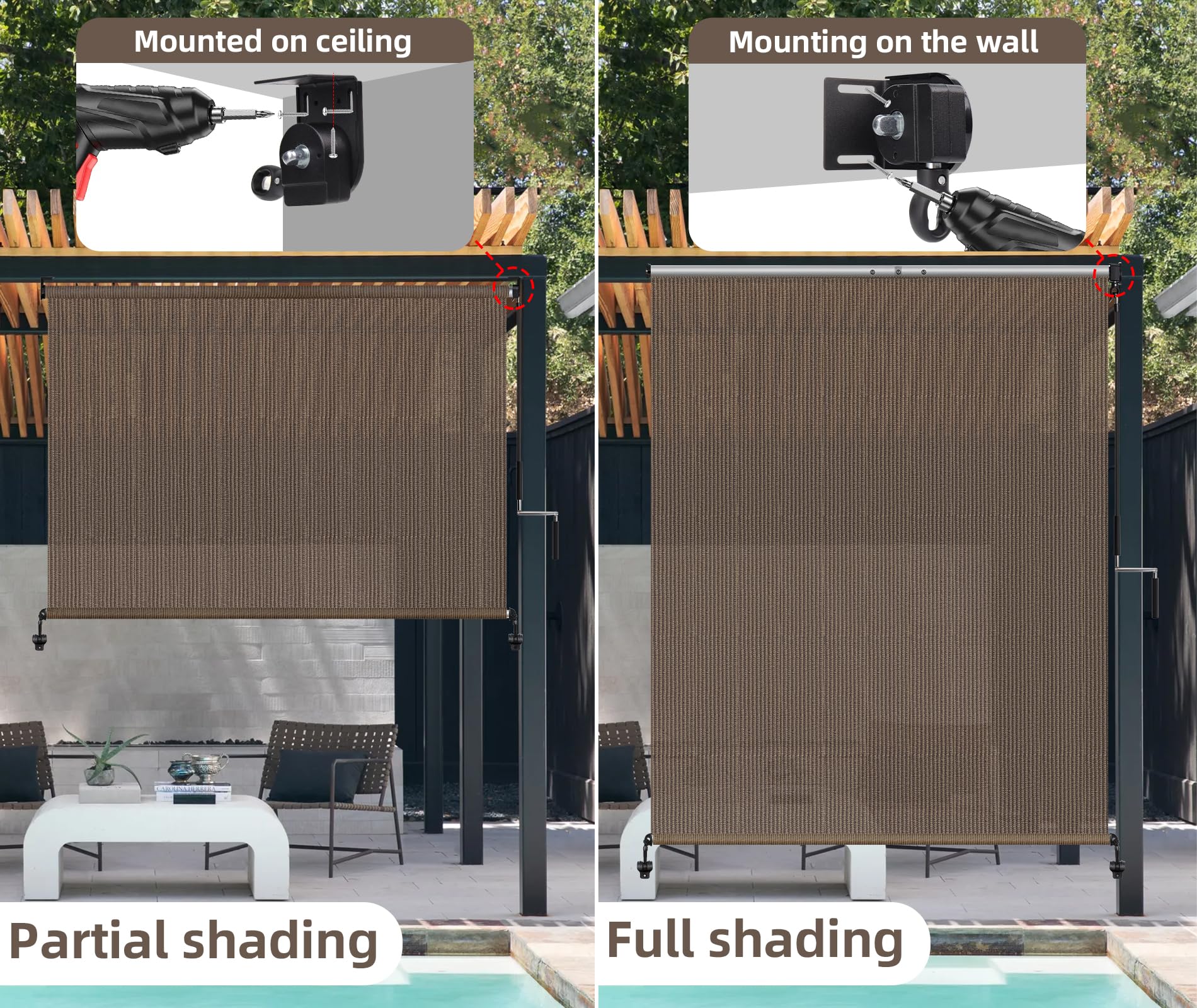 NOVINO Outdoor Roller Shade blocks UV for cooler outdoor spaces