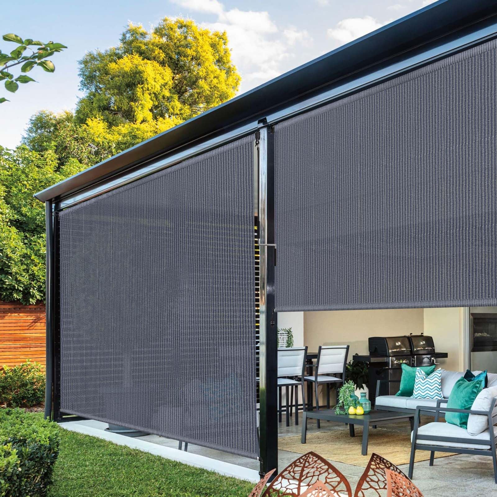 NOVINO Patio Shade Roll Up backyard-setup fits decks and pergolas.