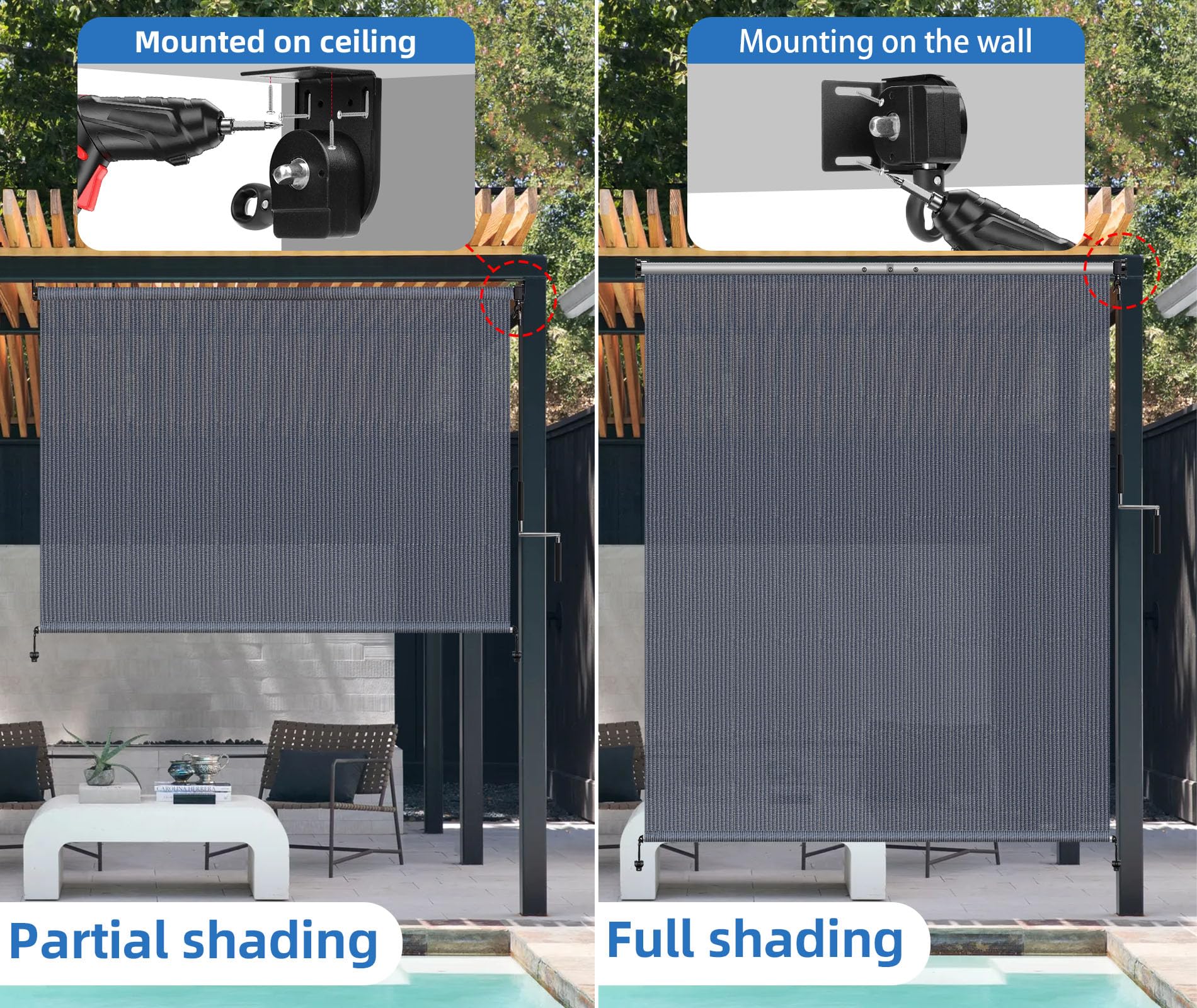NOVINO Patio Shade Roll Up durable materials resist weather and fading.
