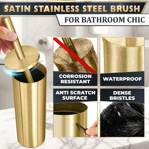 Novsix gold brush next to stainless bowl highlighting thorough rim cleaning