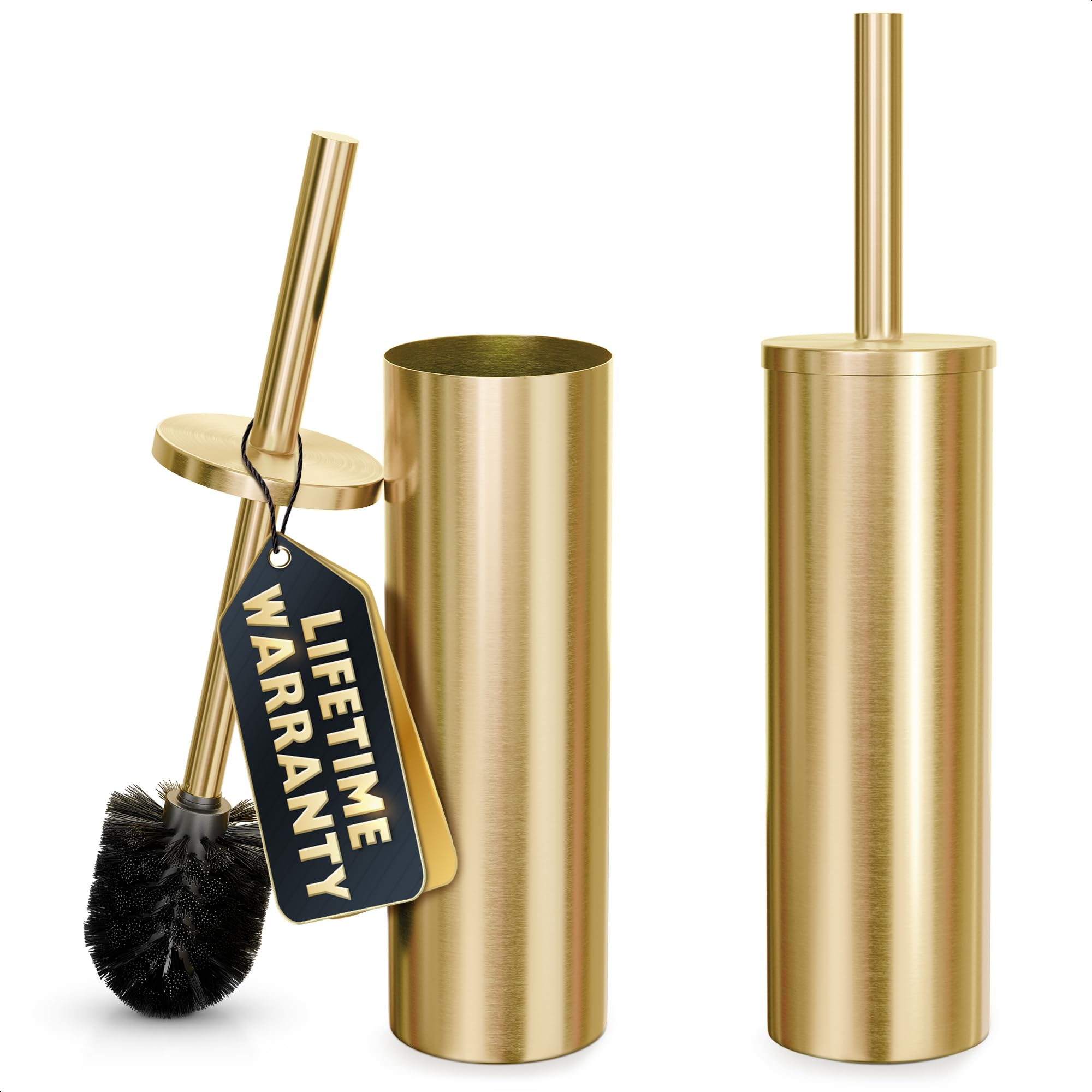 Novsix gold toilet brush with dense bristles for 360° cleaning.