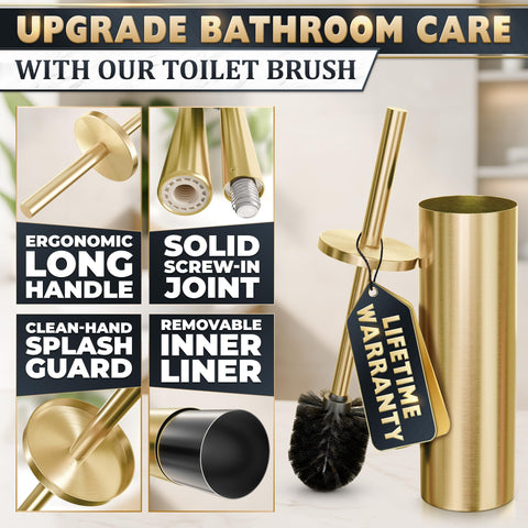 Novsix gold toilet brush with holder set in a modern cabinet look