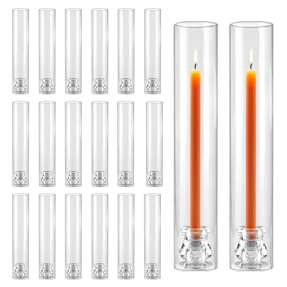 Novyxis 20-pack hurricane holders, 12.6 inches tall, open-ended for dramatic centerpieces.