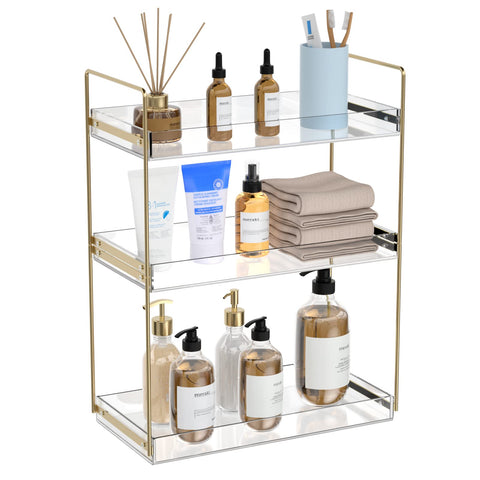 NPPLUS bathroom organizer in gold, front view, showing 3-tier storage for tidy countertops.