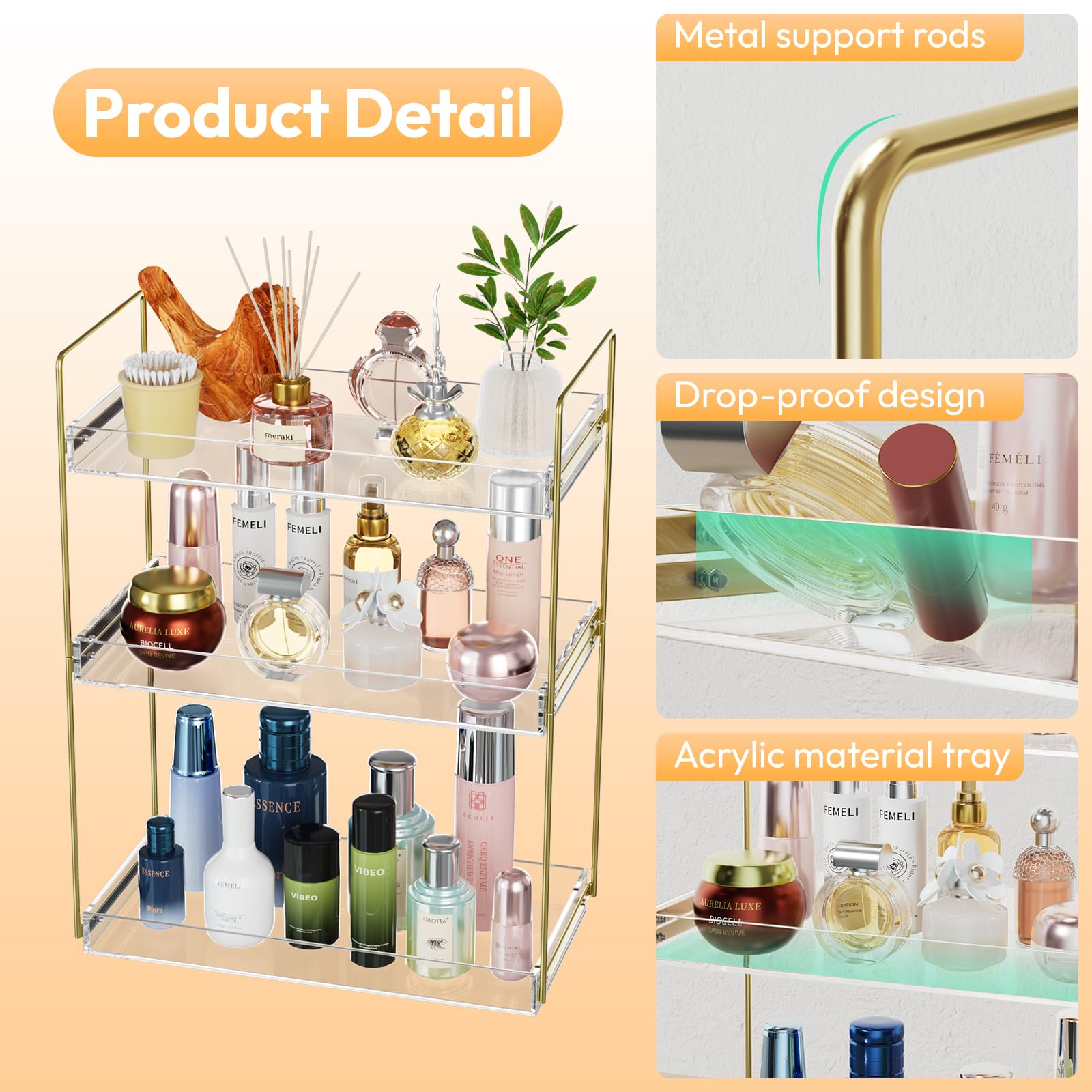 NPPLUS vanity organizer close-up emphasizes clear acrylic trays for easy visibility.