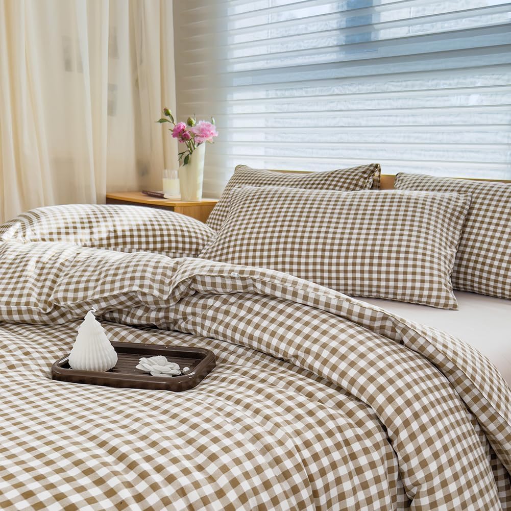NSNLGSGC king-size comforter set in tan gingham on bed, adds warm elegance.