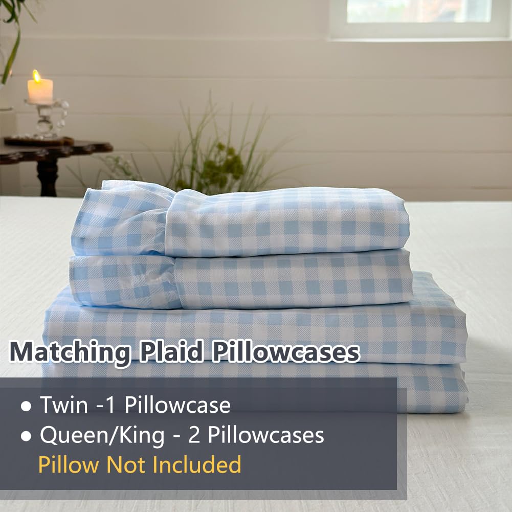 NSNLGSGC bedroom styling with light blue gingham ruffle sheets for warm decor.