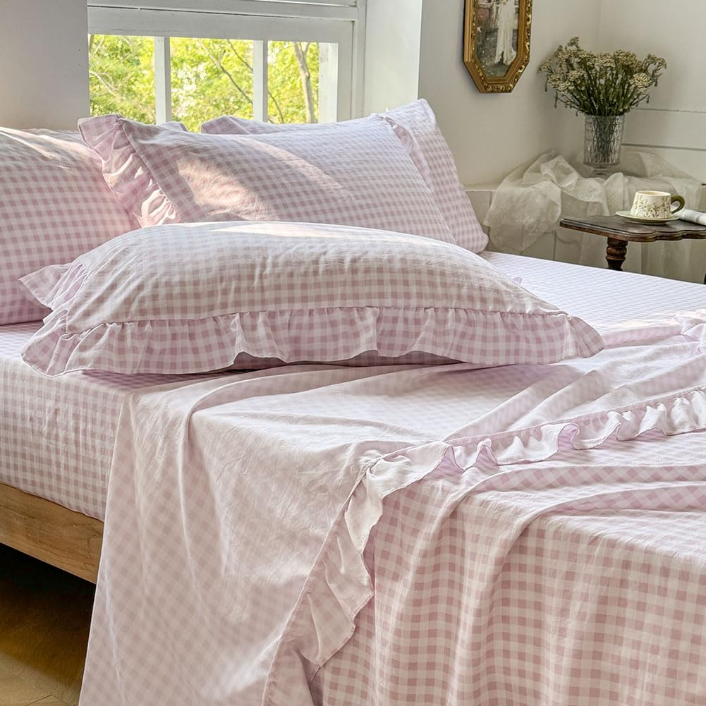 NSNLGSGC pink gingham ruffle full sheet set adds cozy farmhouse charm.