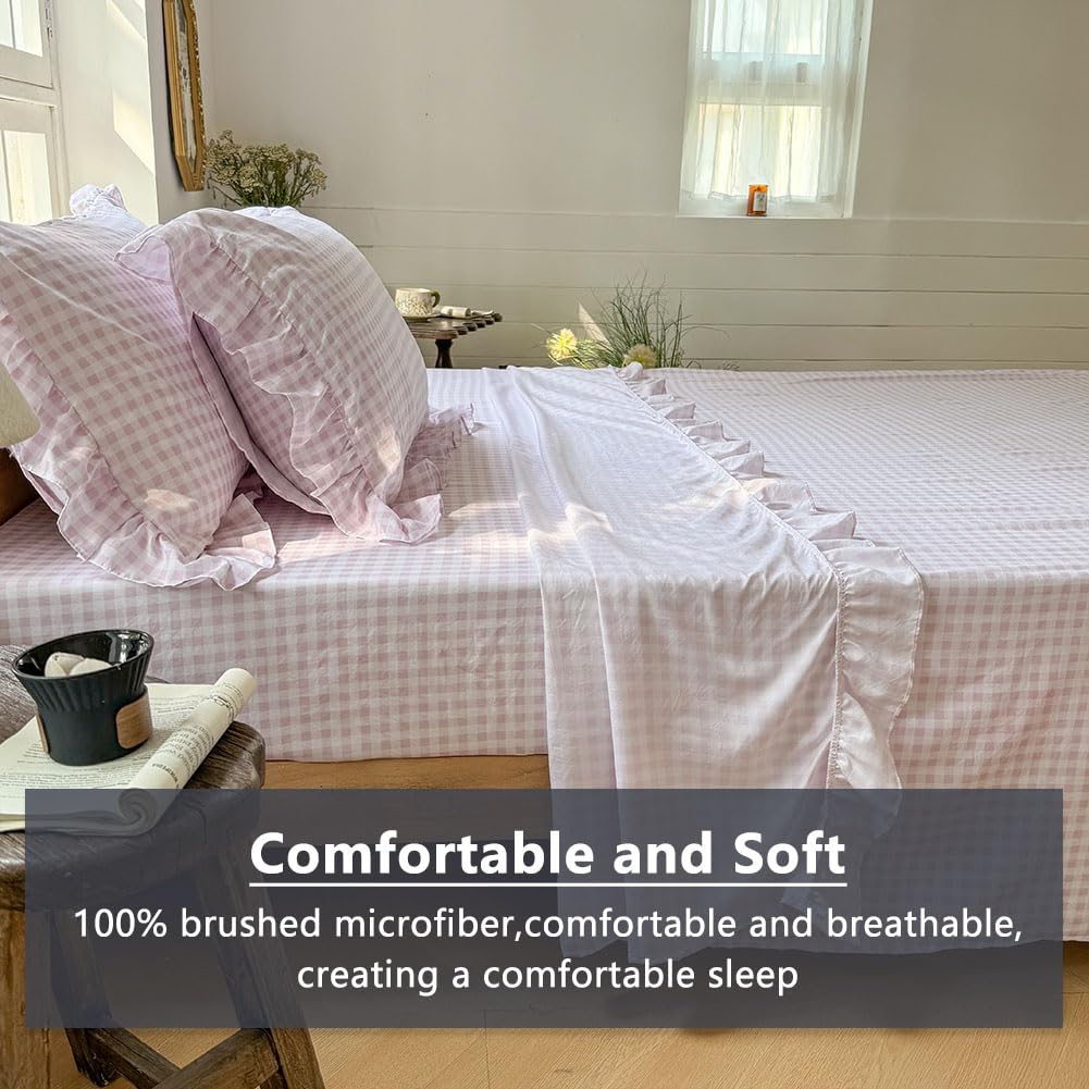 NSNLGSGC ruffled flat sheet shows delicate gingham edge for chic bedding