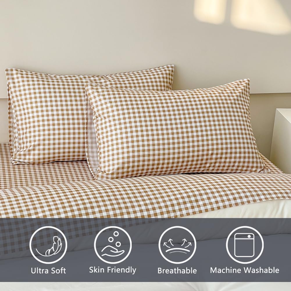 NSNLGSGC tan gingham queen fitted sheet with a deep 15-inch pocket for a secure fit