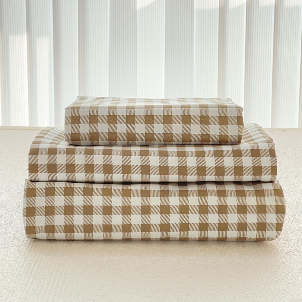 NSNLGSGC tan gingham queen flat sheet in soft brushed microfiber for cozy nights