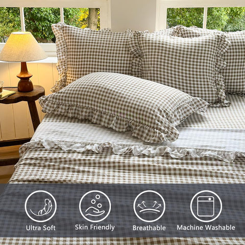 NSNLGSGC tan gingham ruffle king fitted sheet securing up to 15-inch mattresses