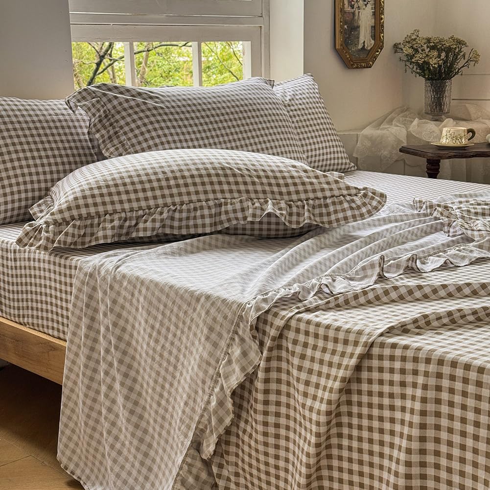 NSNLGSGC tan gingham ruffle king flat sheet for all-season comfort