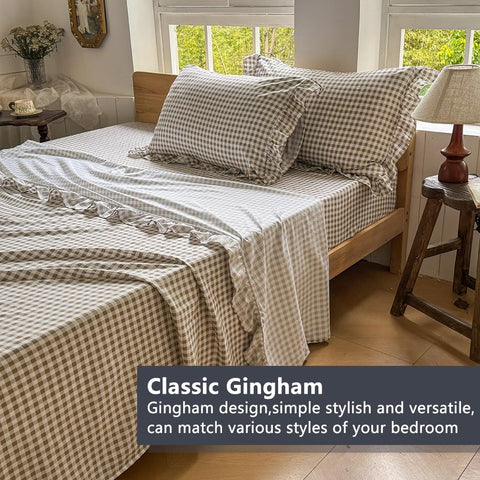 NSNLGSGC tan gingham ruffle king pillowcase pair complements the set