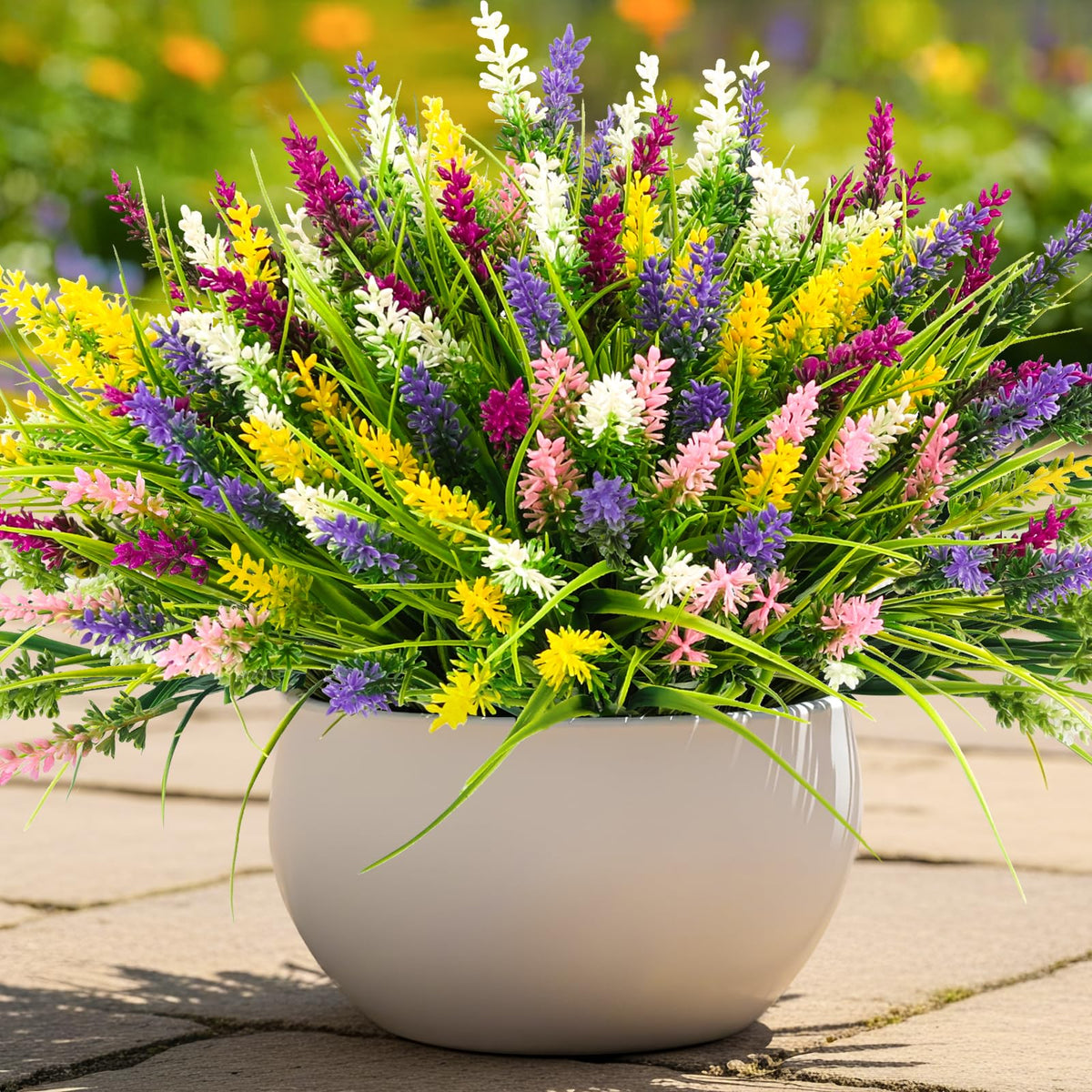 NT NIETING 20-bundle artificial grass with purple flowers enhances porch decor.