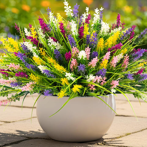 NT NIETING 20-bundle artificial grass with purple flowers enhances porch decor.