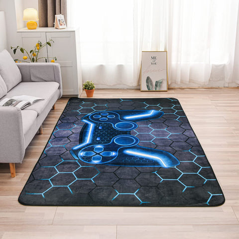 NTBED blue geometric rug adds soft velvet touch to kids' playroom.