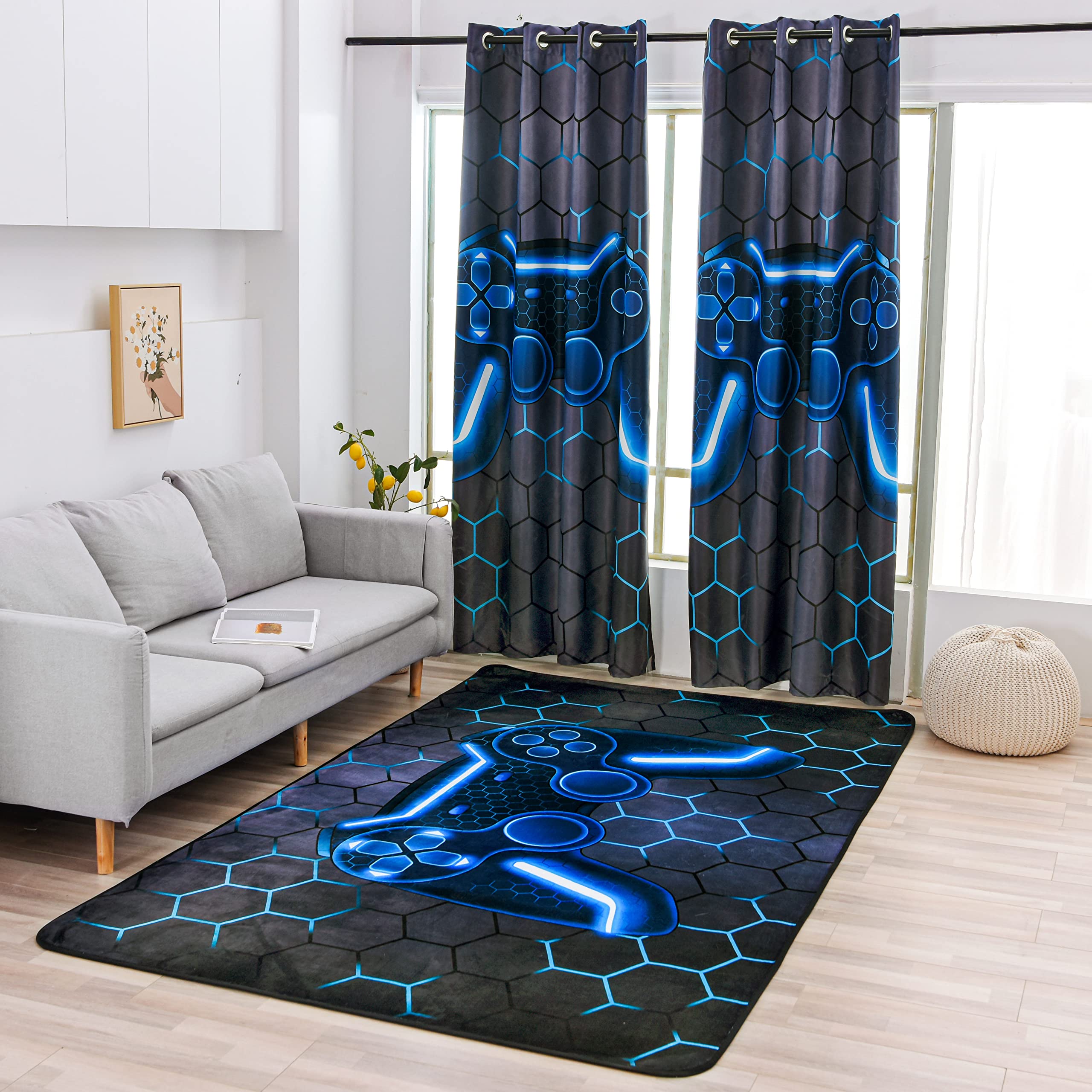 NTBED front-of-sofa rug enhances living area with bold geometry.