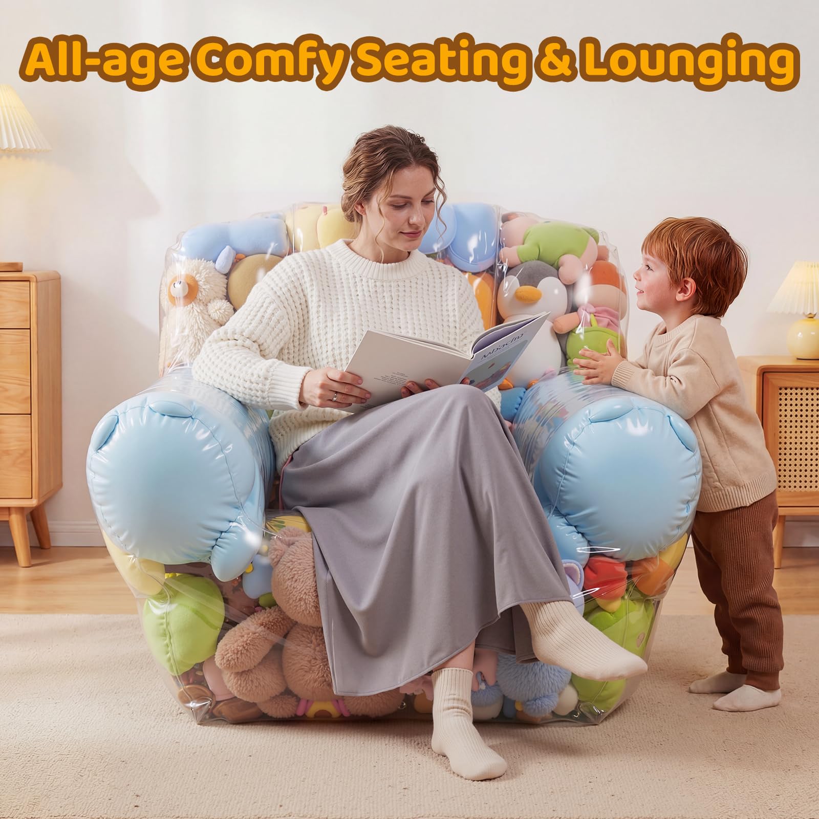 NTYNTY Clear Stuffed Animal Storage Chair material closeup highlights 0.35mm PVC durability