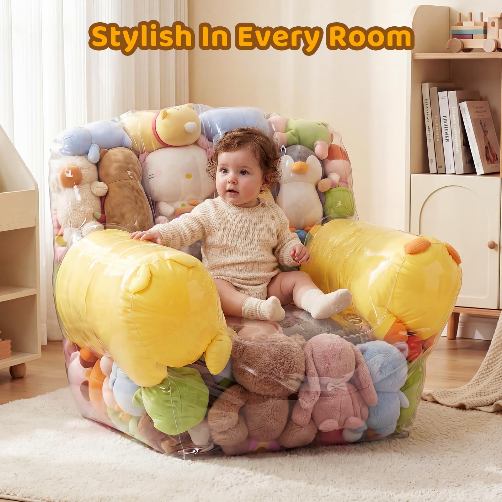 NTYNTY Clear Stuffed Animal Storage Chair room scene shows waterproof, easy-clean surface