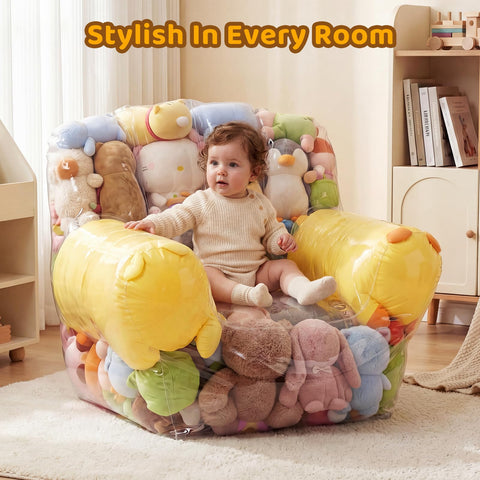 NTYNTY Clear Stuffed Animal Storage Chair room scene shows waterproof, easy-clean surface