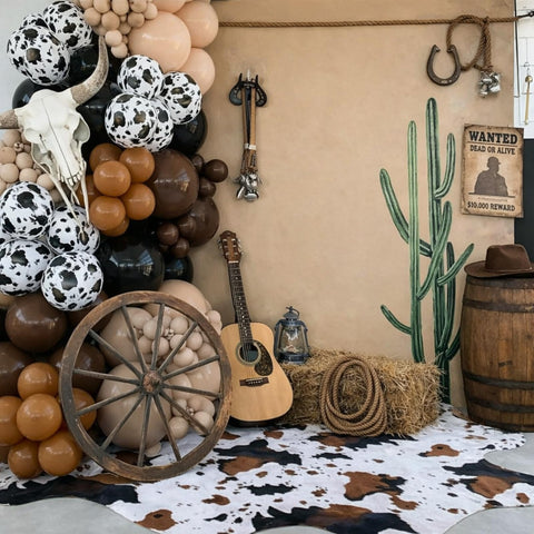 Nuanchu corner centerpiece anchors rustic display with a wagon wheel.