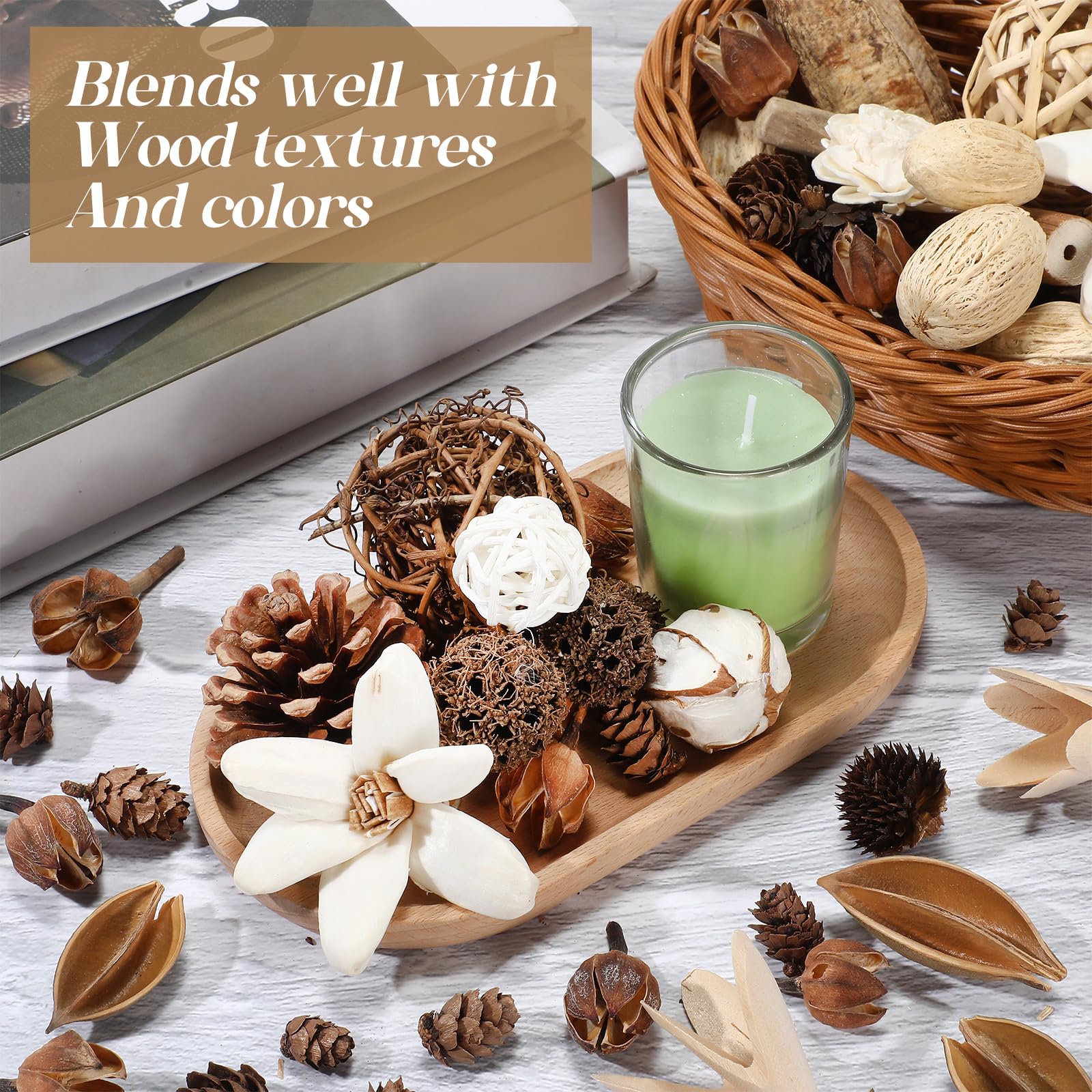 Nuanchu natural rattan balls add texture to bowls and trays.