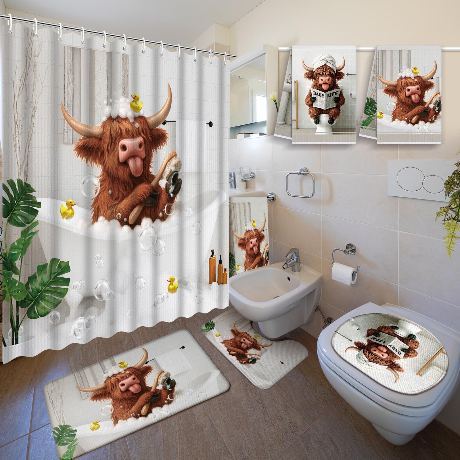 Nuanchu Highland Cow shower curtain enhances bath with a quick-drying design