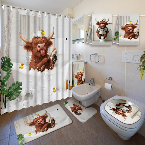 Nuanchu Highland Cow shower curtain enhances bath with a quick-drying design