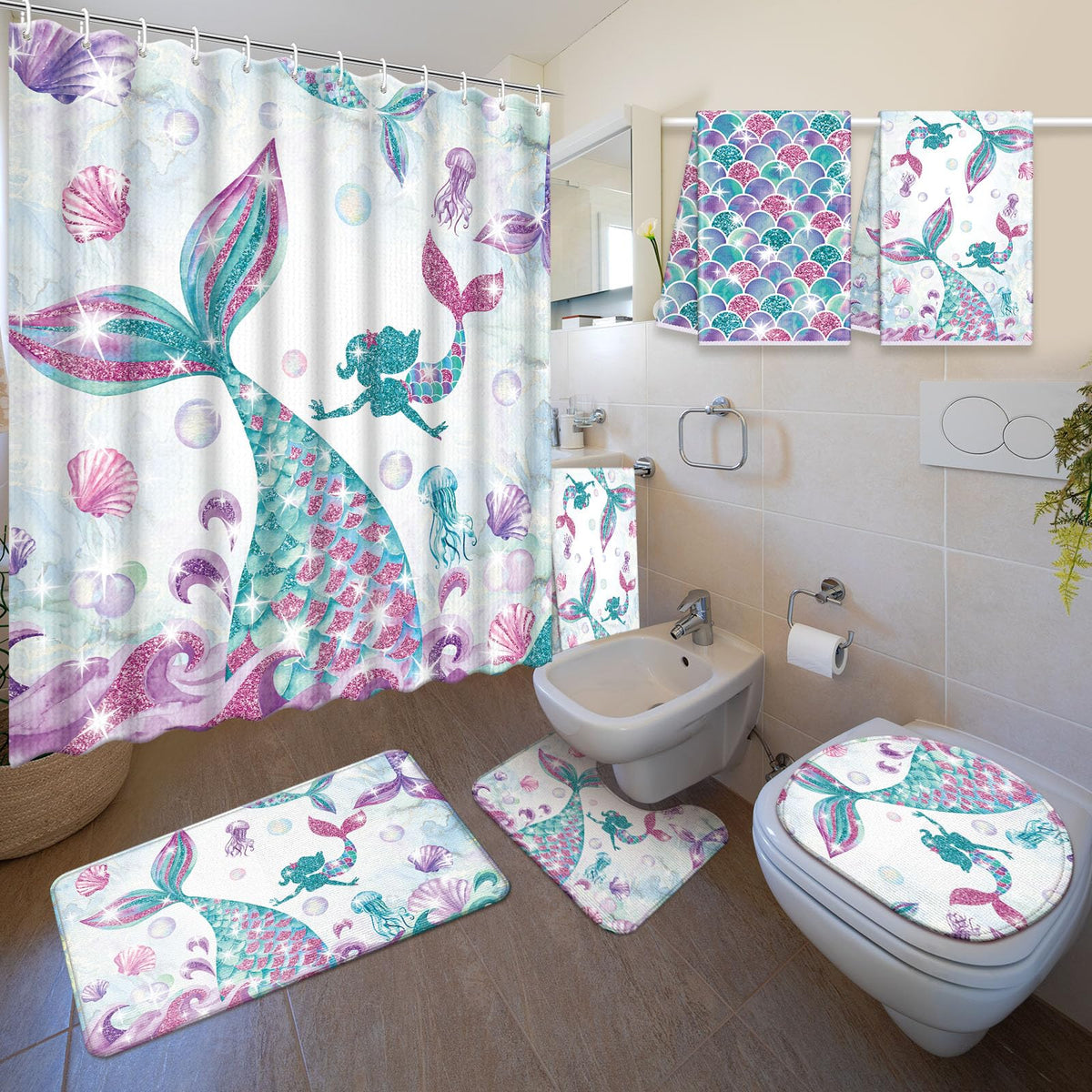 Nuanchu Mermaid shower curtain with bright, waterproof design for fun baths
