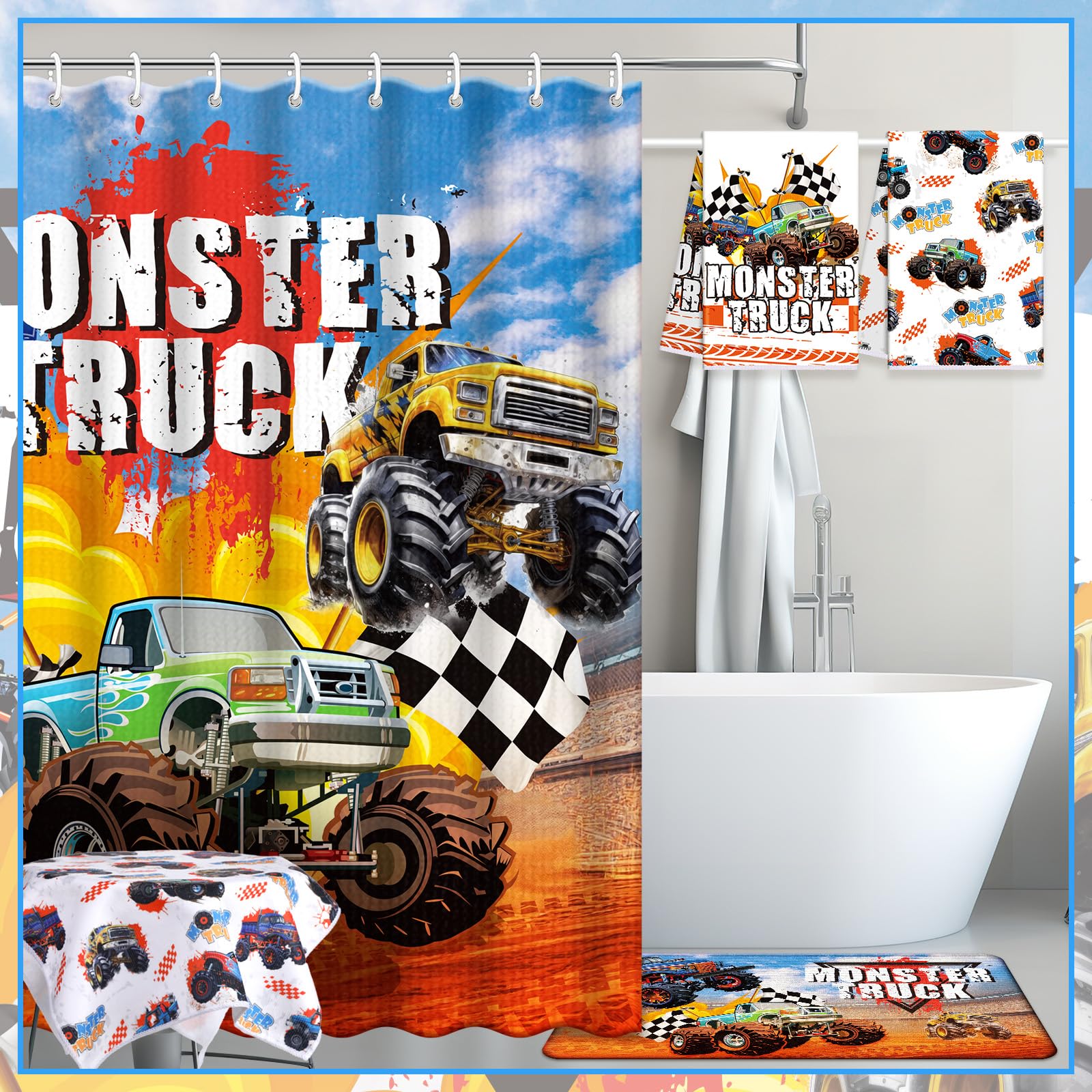 Nuanchu monster truck bath mat with soft texture and anti-slip backing.