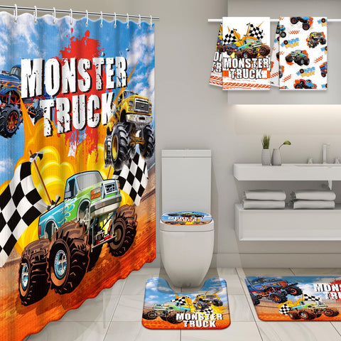 Nuanchu monster truck bathroom decor set unifies the room with a playful theme.