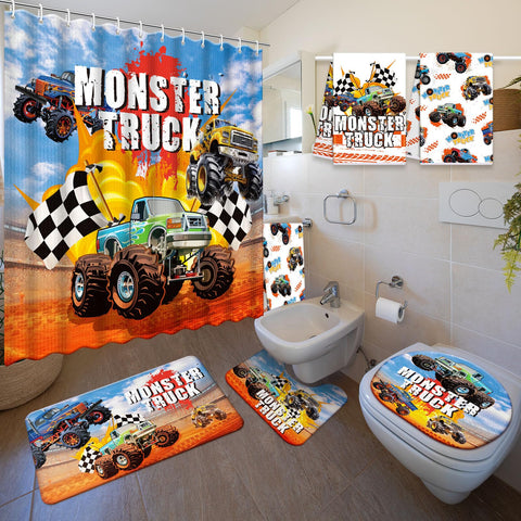 Nuanchu monster truck shower curtain featuring kid-friendly bath design.