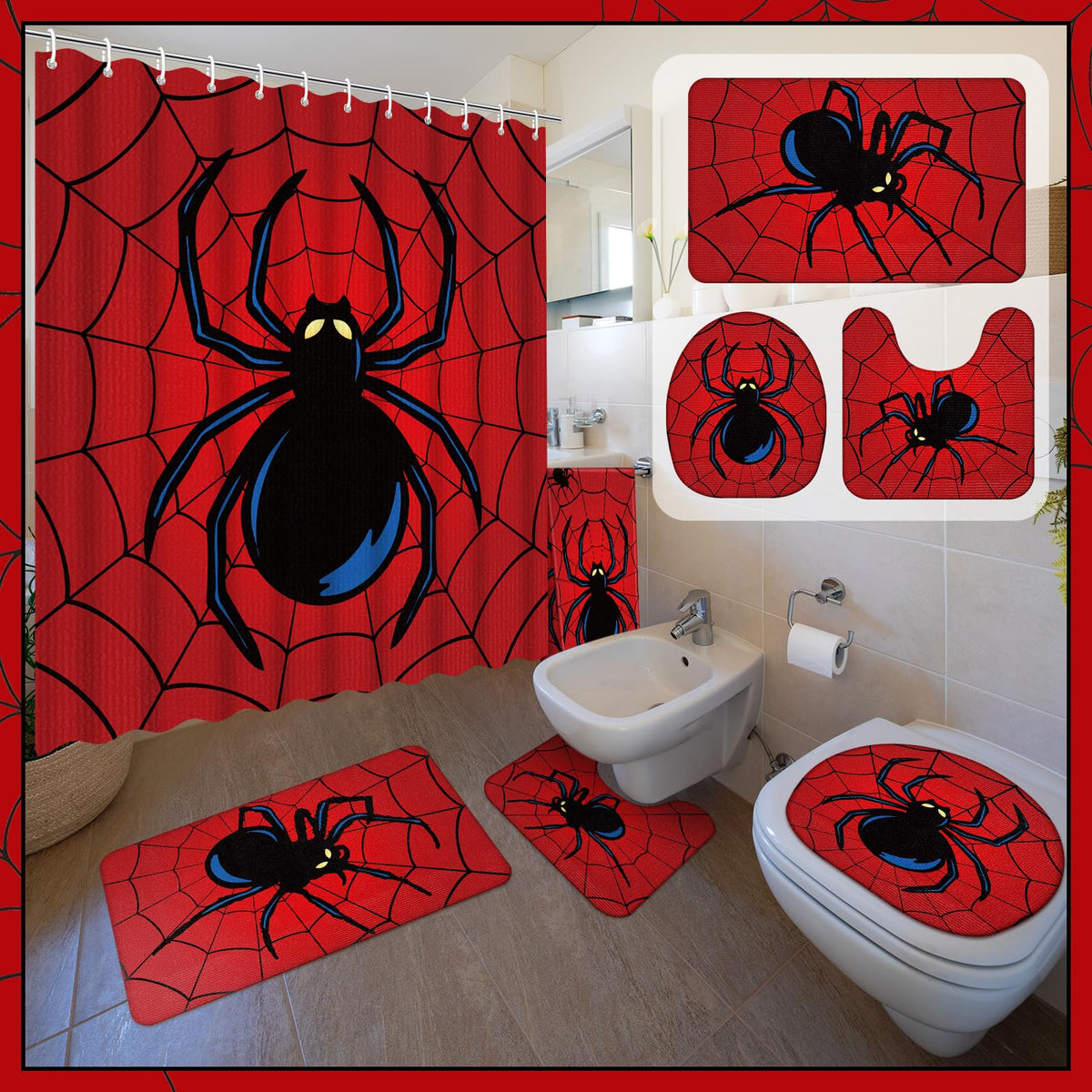 Nuanchu spider shower curtain shown in red and black, waterproof and easy to clean.