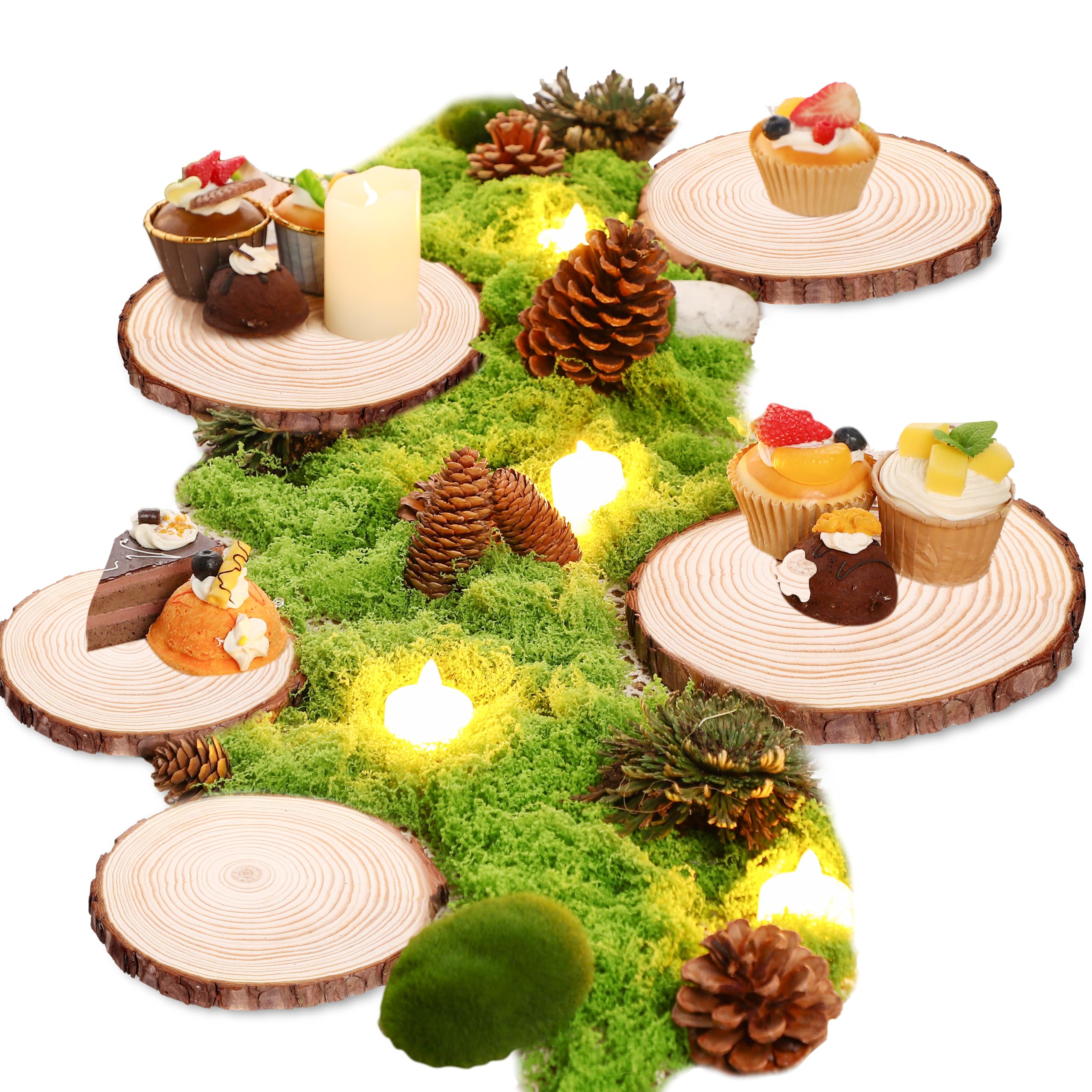 Nuanchu wood slices centerpiece with natural round edges for rustic wedding tables.