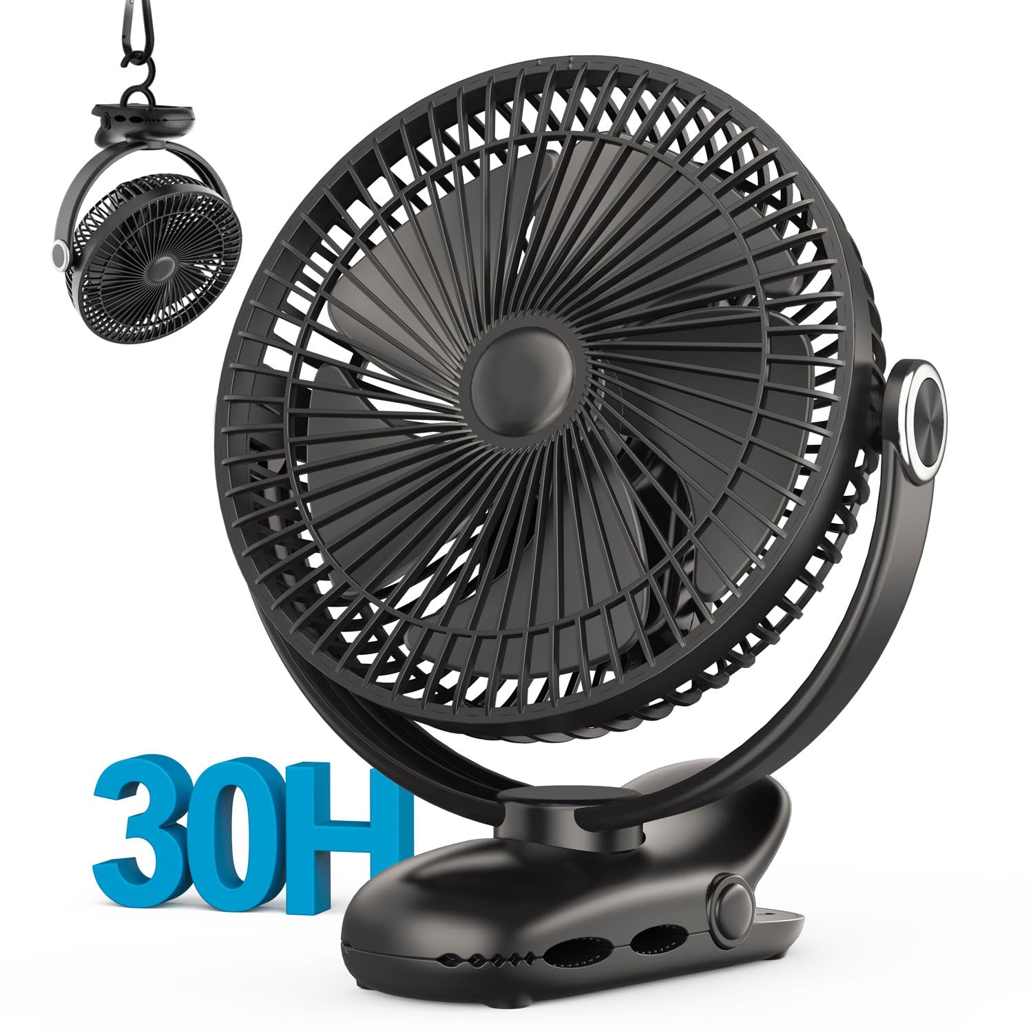 Nuerst clip-on fan with 360-degree rotation for versatile desk to tent use.