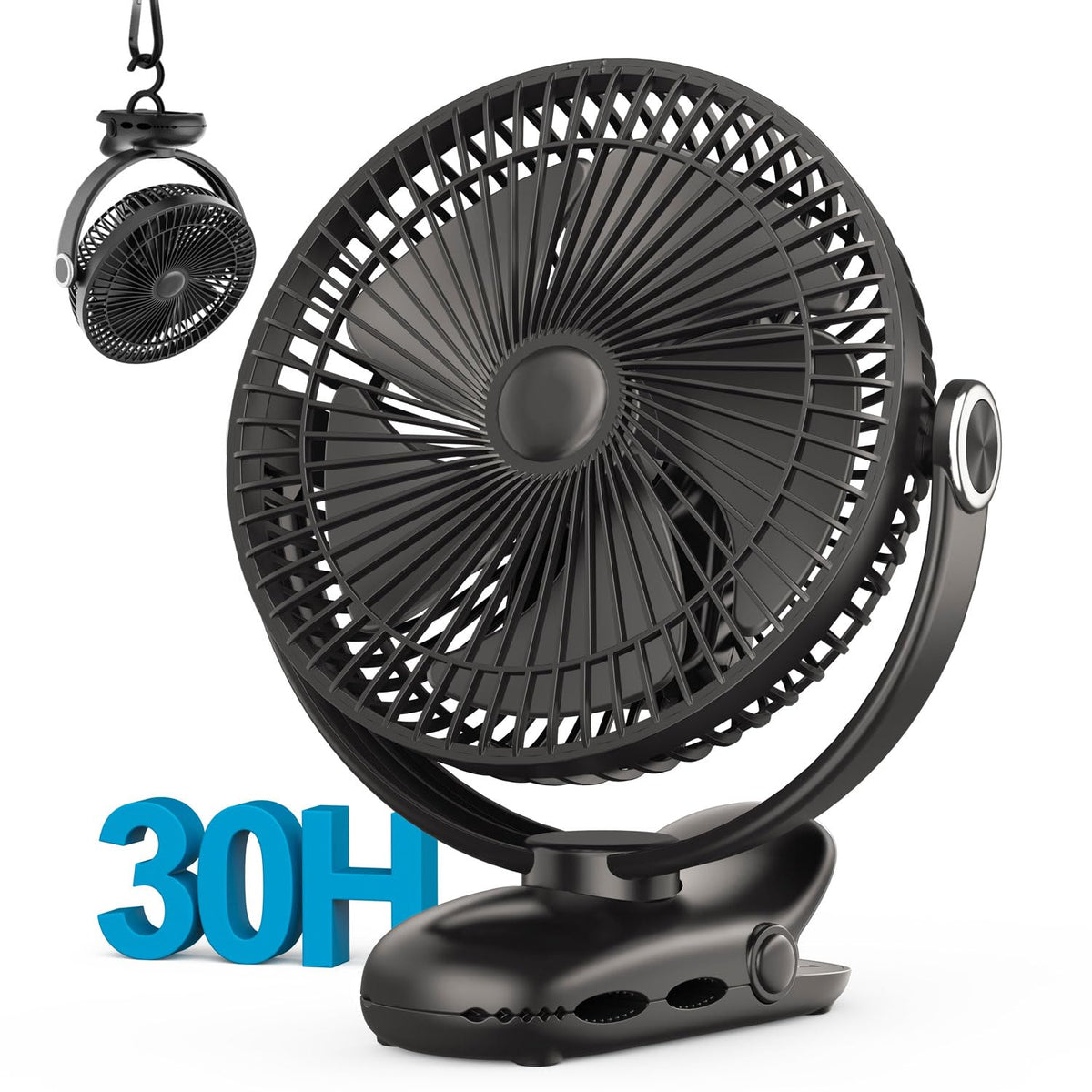 Nuerst clip-on fan with 360-degree rotation for versatile desk to tent use.